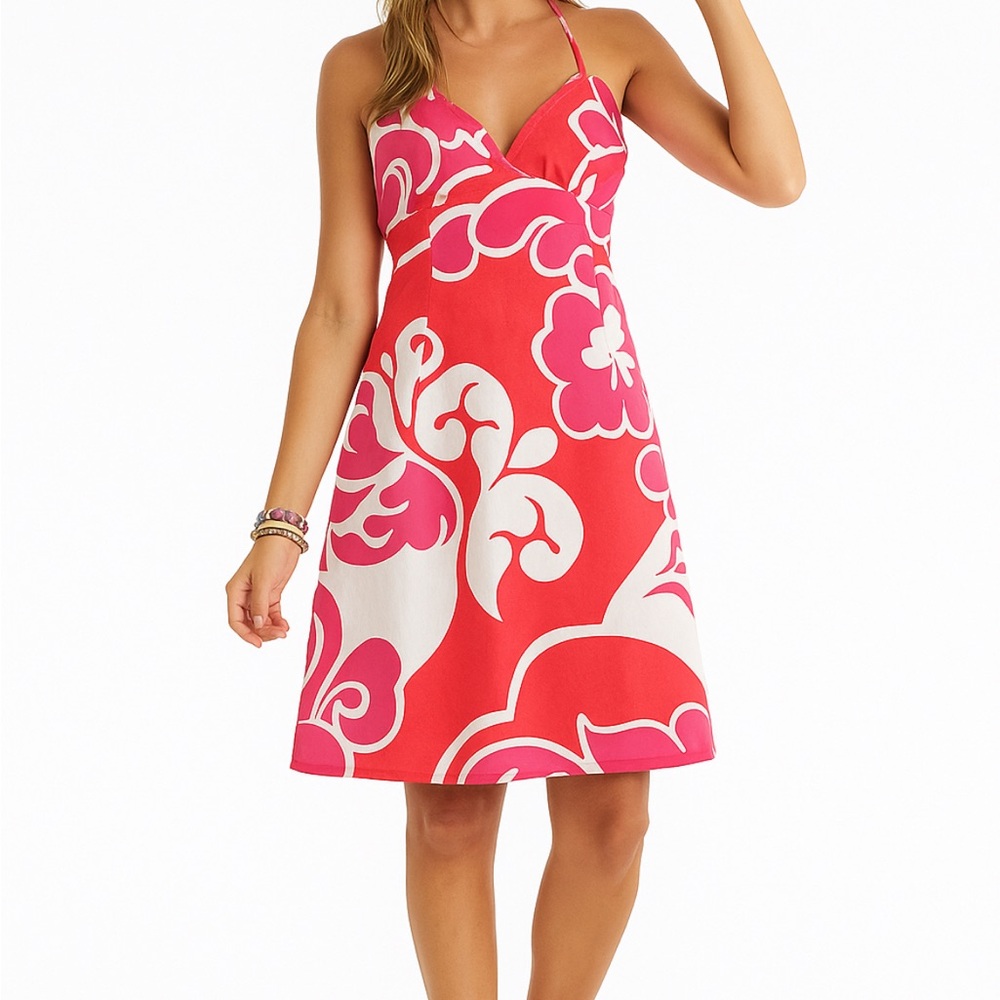 H&M Red and Pink Cotton Dress with Floral Design